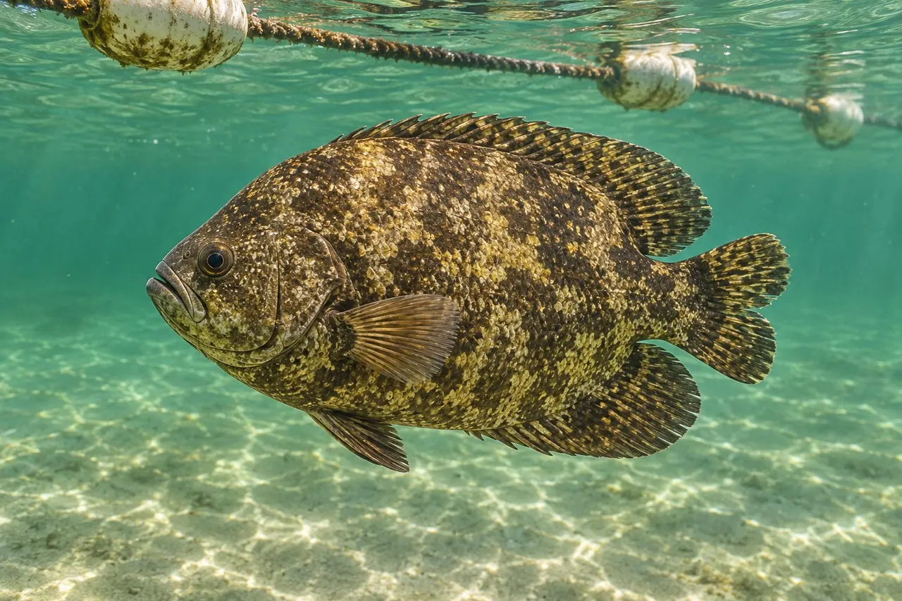 A mottled tripletail floating near a buoy line