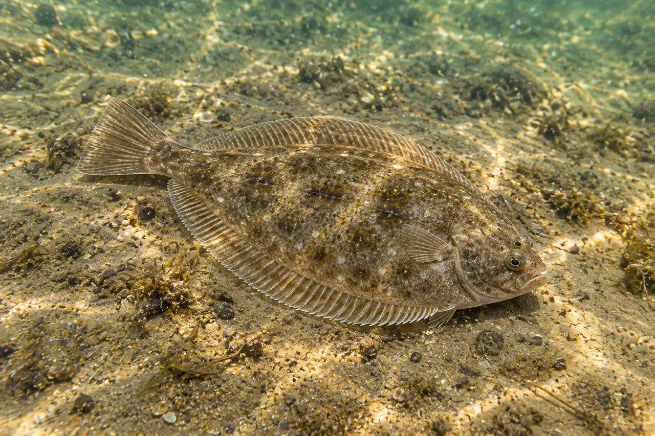 A winter flounder lying flat on a sandy bay bottom