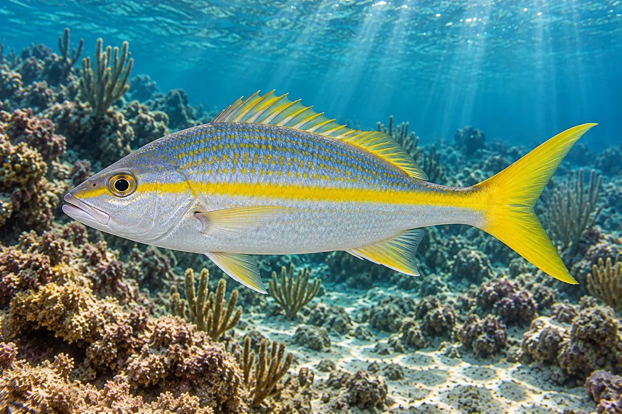 A yellowtail snapper with its bright yellow stripe and tail over a coral reef