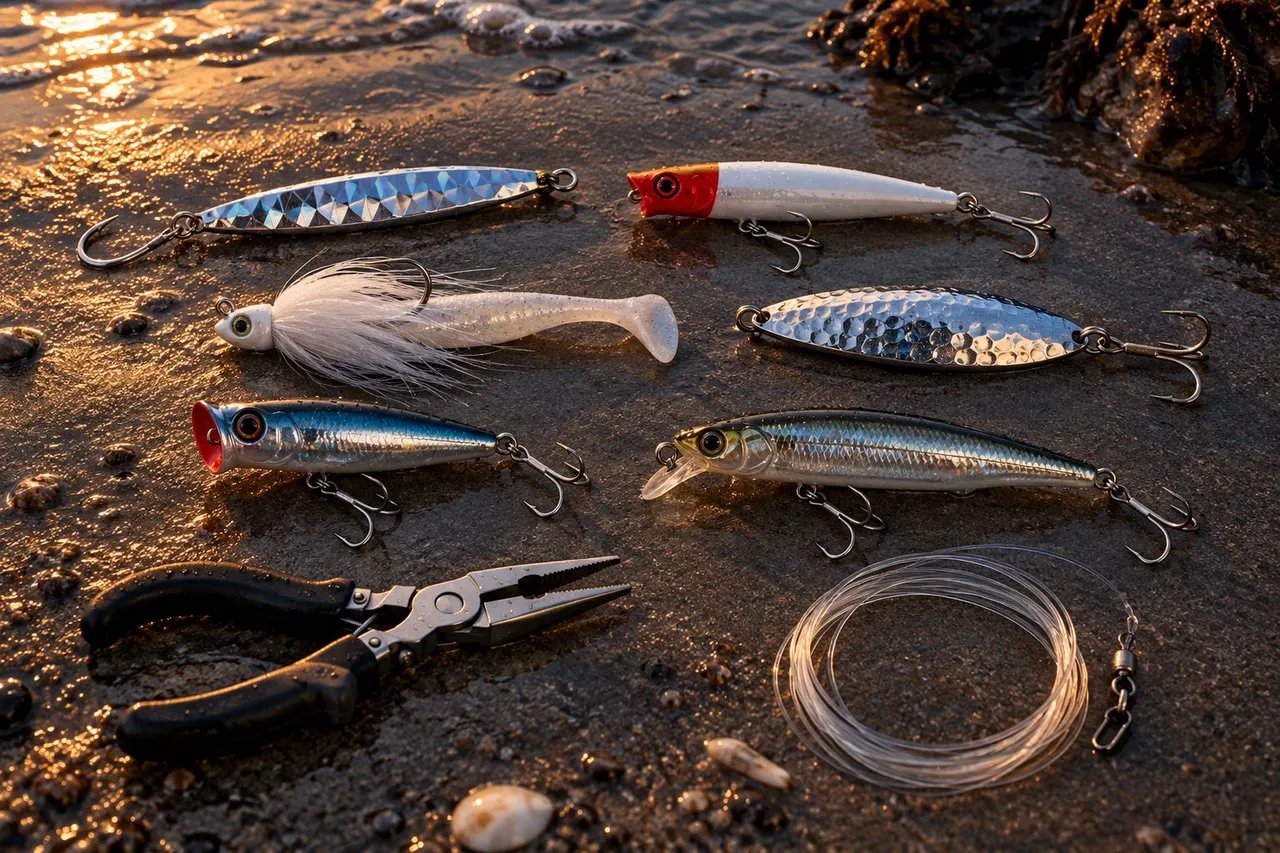 Six surf lures on wet sand: a metal jig, a jig plug, a bucktail with a paddle tail, a casting spoon, a popper and a swimming plug, with pliers and leader