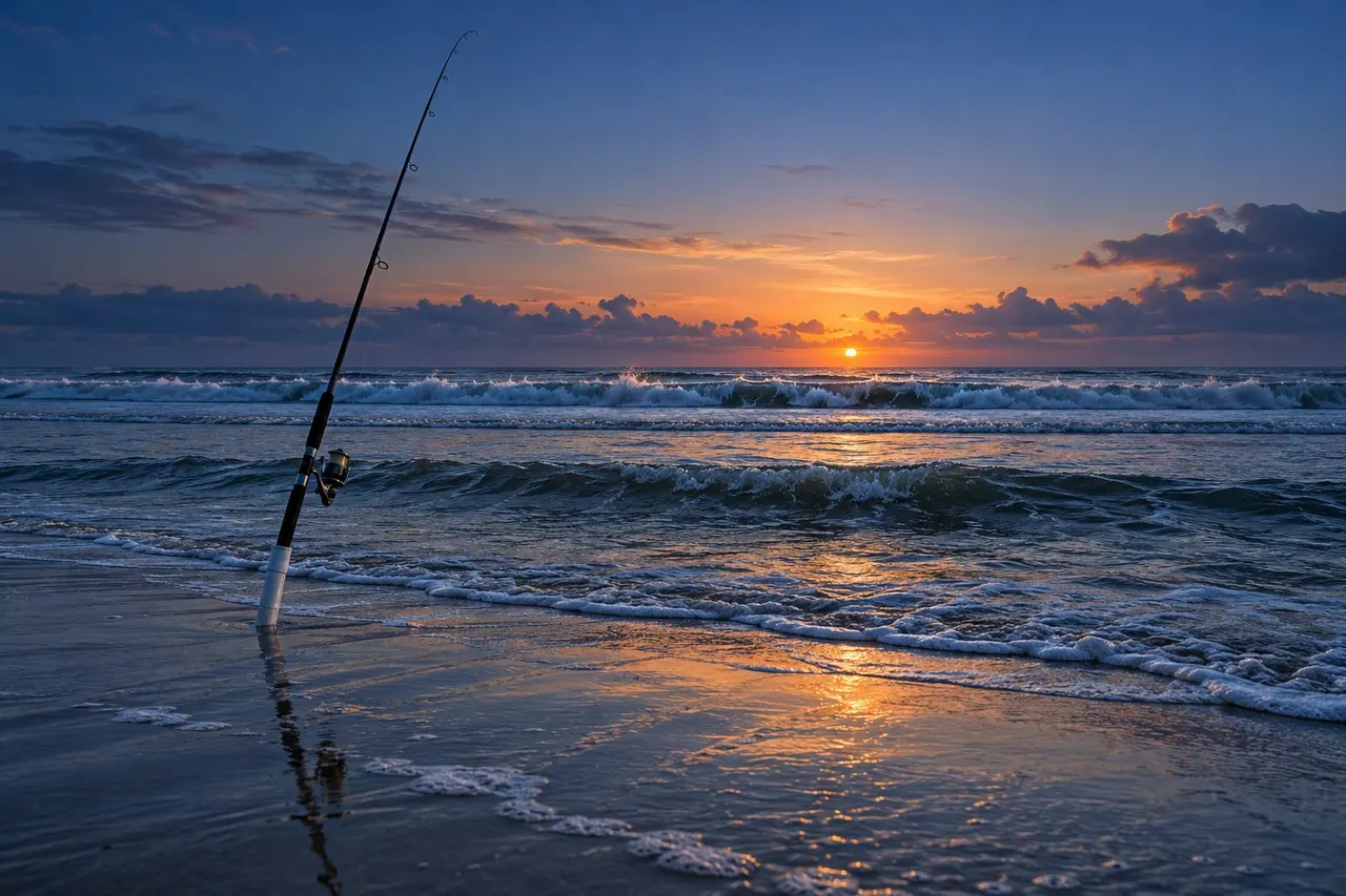 A surf rod standing in the sand at dawn with waves breaking on the sandbar beyond the first trough
