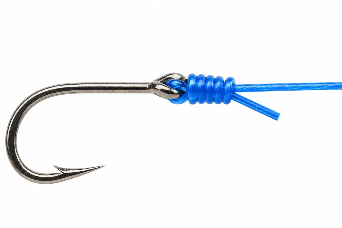 A uni knot tied to a hook eye