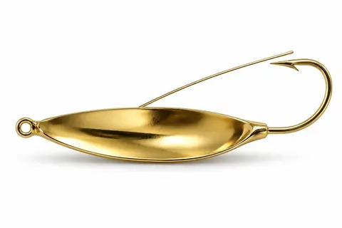A gold weedless spoon with a wire weed guard