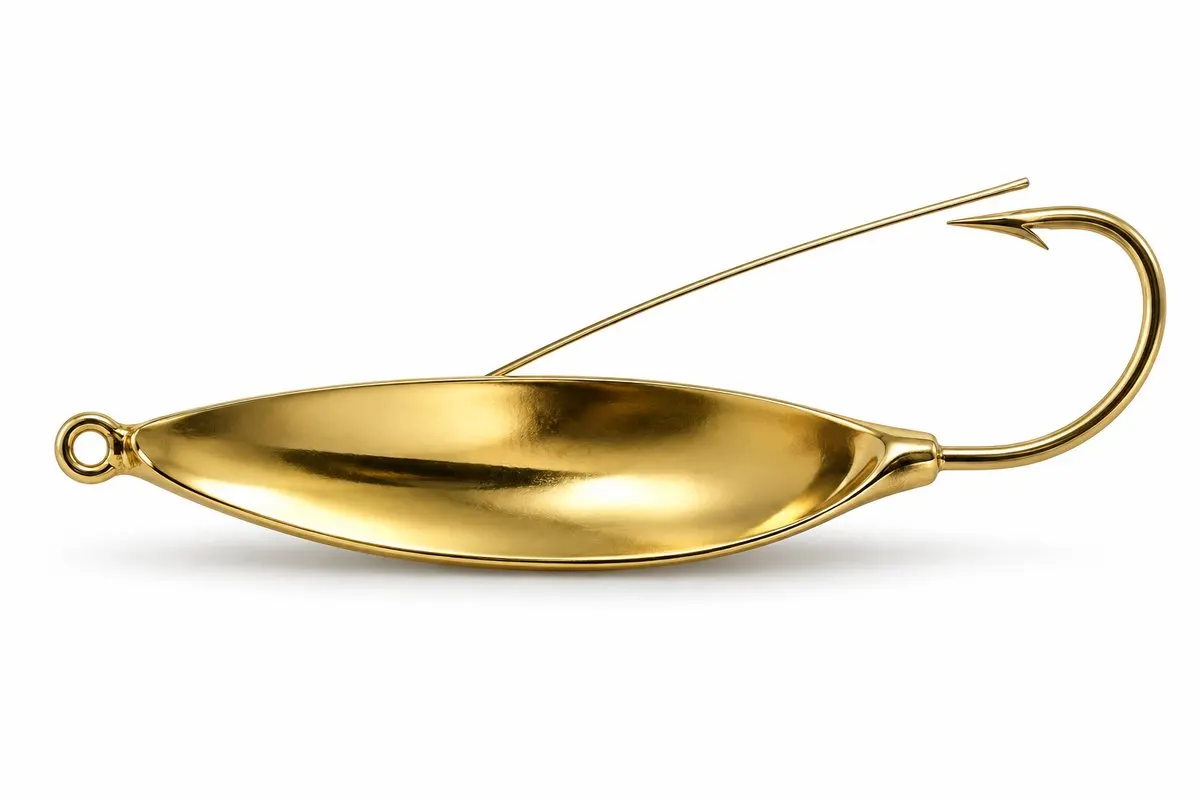 A gold weedless spoon with a wire weed guard