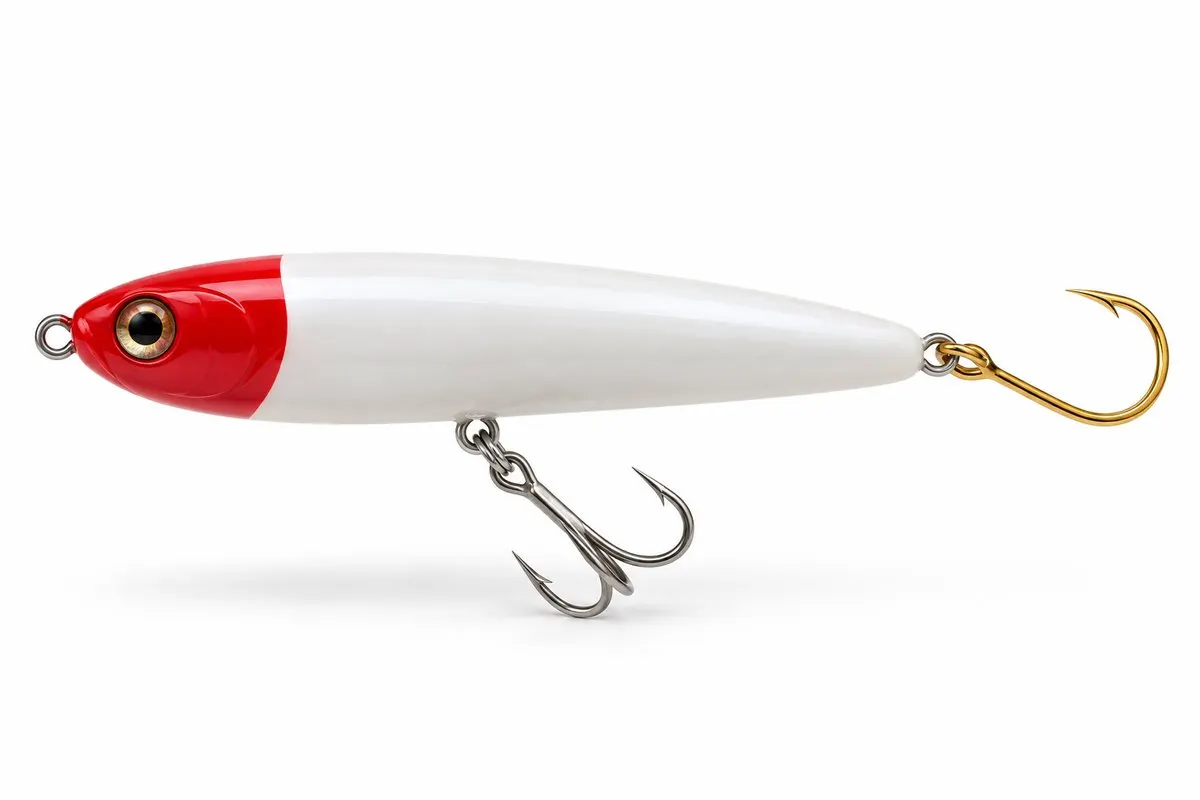 A Got-Cha jig plug with a red head and white body