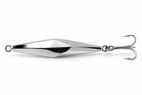 A chrome diamond metal casting jig with a treble hook