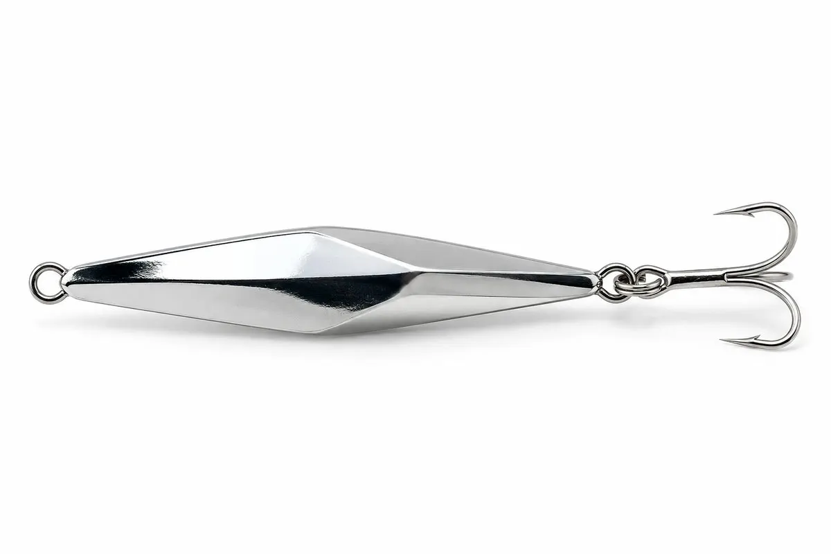 A chrome diamond metal casting jig with a treble hook
