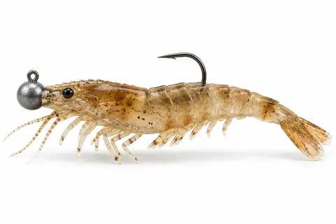 A jighead rigged with a soft-plastic shrimp