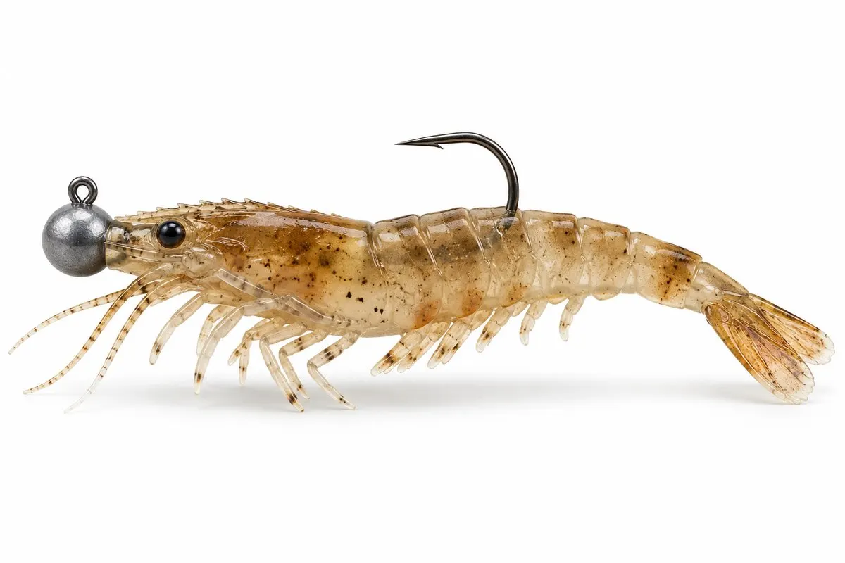 A jighead rigged with a soft-plastic shrimp