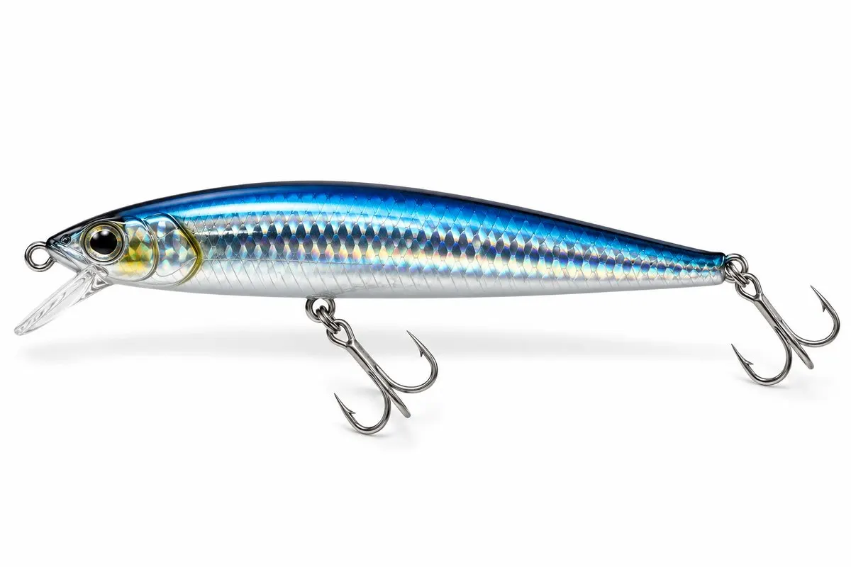 A blue and silver swimming minnow plug with a diving lip